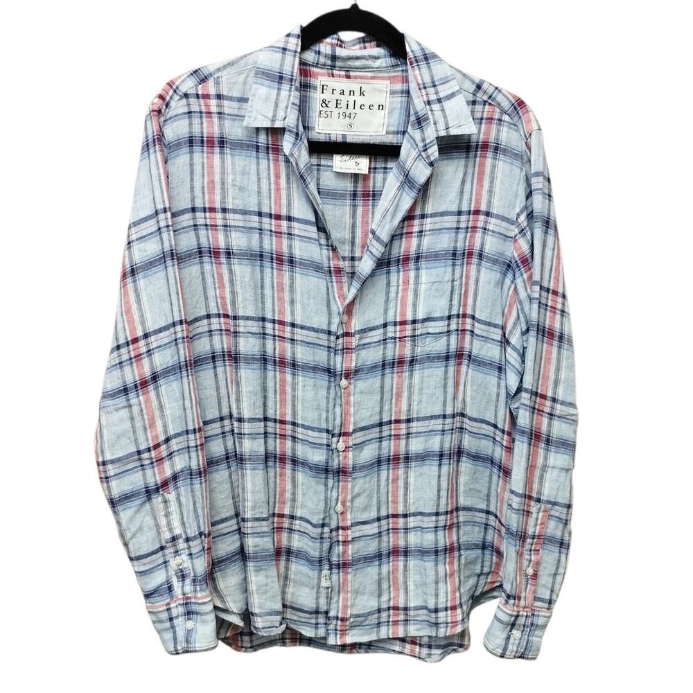 Frank & Eileen Womens Eileen Plaid Linen Button Up Top Small Travel Oversized